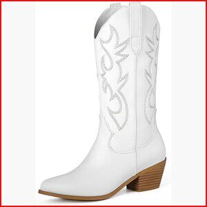 Women's Embroidered Western Cowboy Boots Mid Calf Pull On Chunky Heel